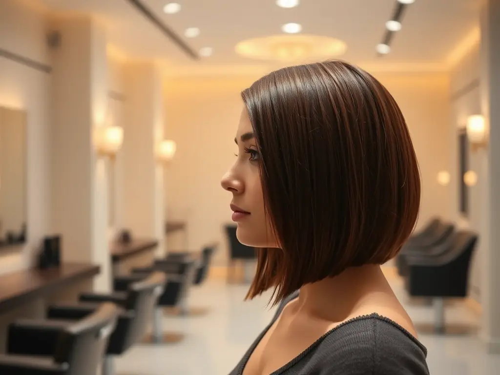 A stylish image of a client with a sleek, modern bob haircut, featuring sharp lines and a polished finish, in the clean, sophisticated setting of Alpha Hair Design.