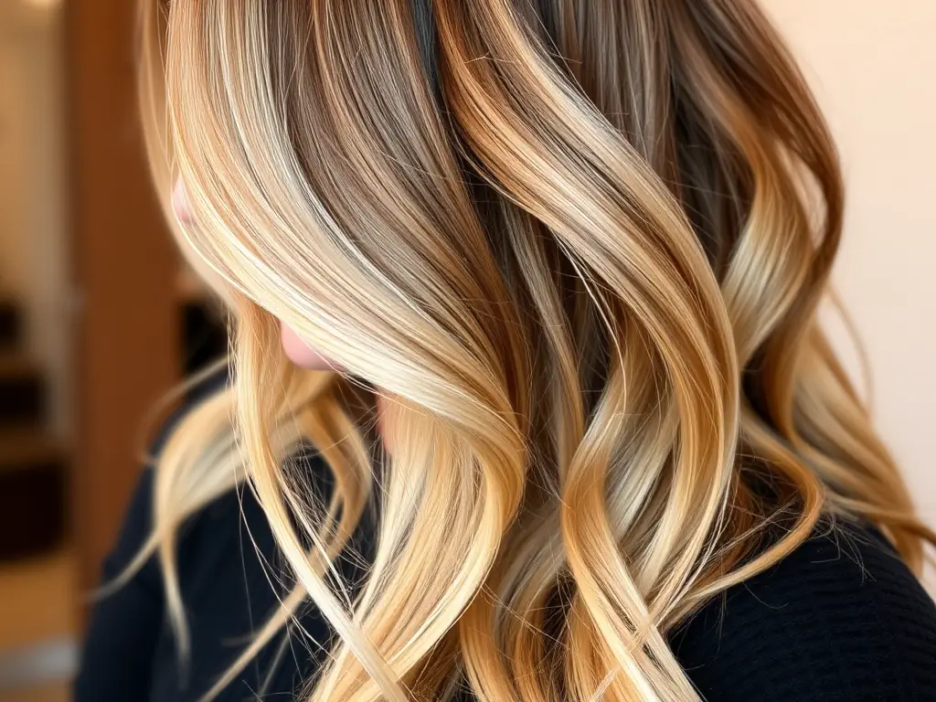 A close-up shot of a client's hair showcasing a perfectly blended balayage with natural, sun-kissed highlights, styled in soft waves, in the warm, inviting atmosphere of Alpha Hair Design.
