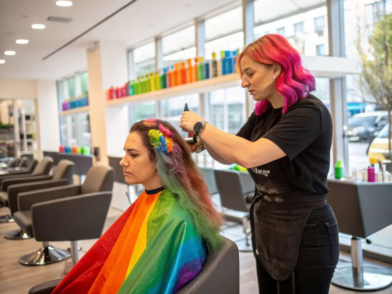 A vibrant image of a client with bold, multi-colored rainbow hair, showcasing shades of pink, purple, and blue, styled in a playful, expressive manner at Alpha Hair Design.
