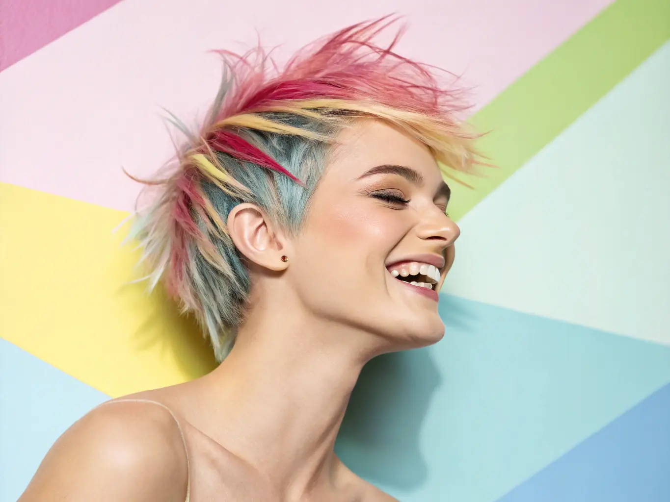 A vibrant, multi-colored hairstyle featuring bold shades of pink, purple, and blue, exemplifying the creative color services offered at Alpha Hair Design.